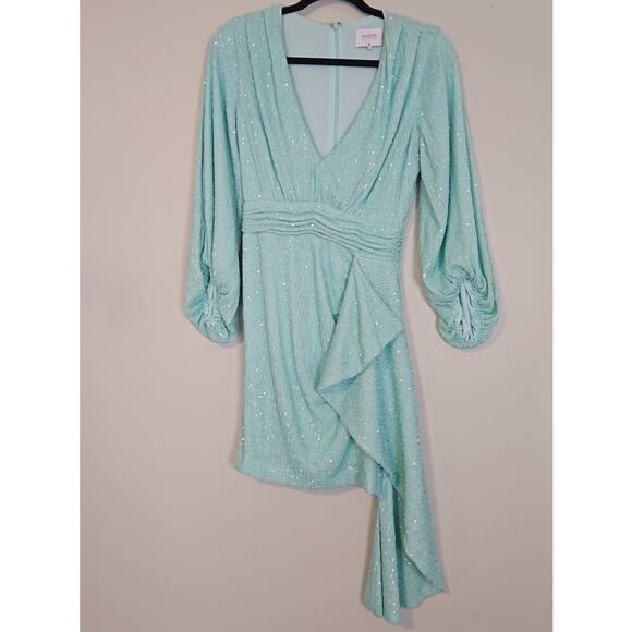 ONE33 Social Sequin Ruched Asymmetric Hem Mini Dress Aqua Size 4 - Picture 2 of 8
